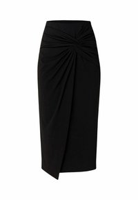 Gonna a matita nera in tessuto stretch, con design intrecciato in vita e orlo asimmetrico. Tessuto dalla trama liscia su tutta la superficie.