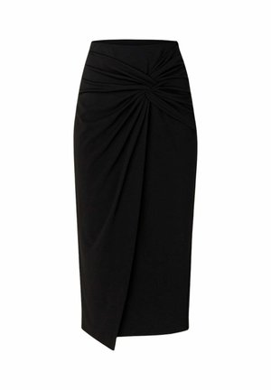 Gonna a matita nera in tessuto stretch, con design intrecciato in vita e orlo asimmetrico. Tessuto dalla trama liscia su tutta la superficie.