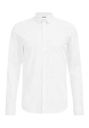 Weißes Langarmhemd mit Knopfleiste aus glattem Stoff. Verfügt über einen klassischen Kragen, geraden Schnitt und Knopfverschluss vorne.