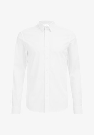 Weißes Langarmhemd mit Knopfleiste aus glattem Stoff. Verfügt über einen klassischen Kragen, geraden Schnitt und Knopfverschluss vorne.