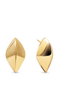 Pendientes de metal en tono dorado con forma de hoja, que presentan una superficie lisa y reflectante y un cierre de tuerca para un uso seguro.