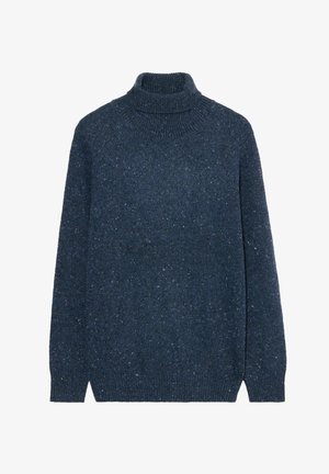 Dunkelblauer gestrickter Rollkragensweater mit strukturierter Oberfläche. Verfügt über lange Ärmel und eine lockere Passform, mit subtilen Sprenkeln im Stoff.