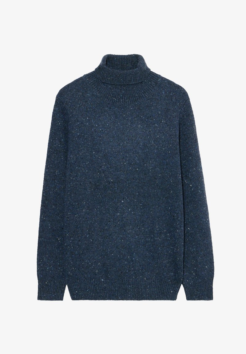 Granatowy dzianinowy sweter typu golf z teksturowanym wykończeniem. Posiada długie rękawy oraz luźny krój, z delikatnymi drobinkami w całym materiale.