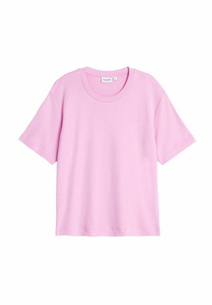 Ljusrosa bomull T-shirt med korta ärmar, rund halsringning och rak nederkant. Slät textur utan framträdande mönster eller detaljer.
