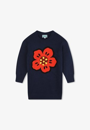 Pull en tricot marine avec un grand motif de fleur rouge, doté d'accents jaunes et de contours noirs. Col rond et manches longues.