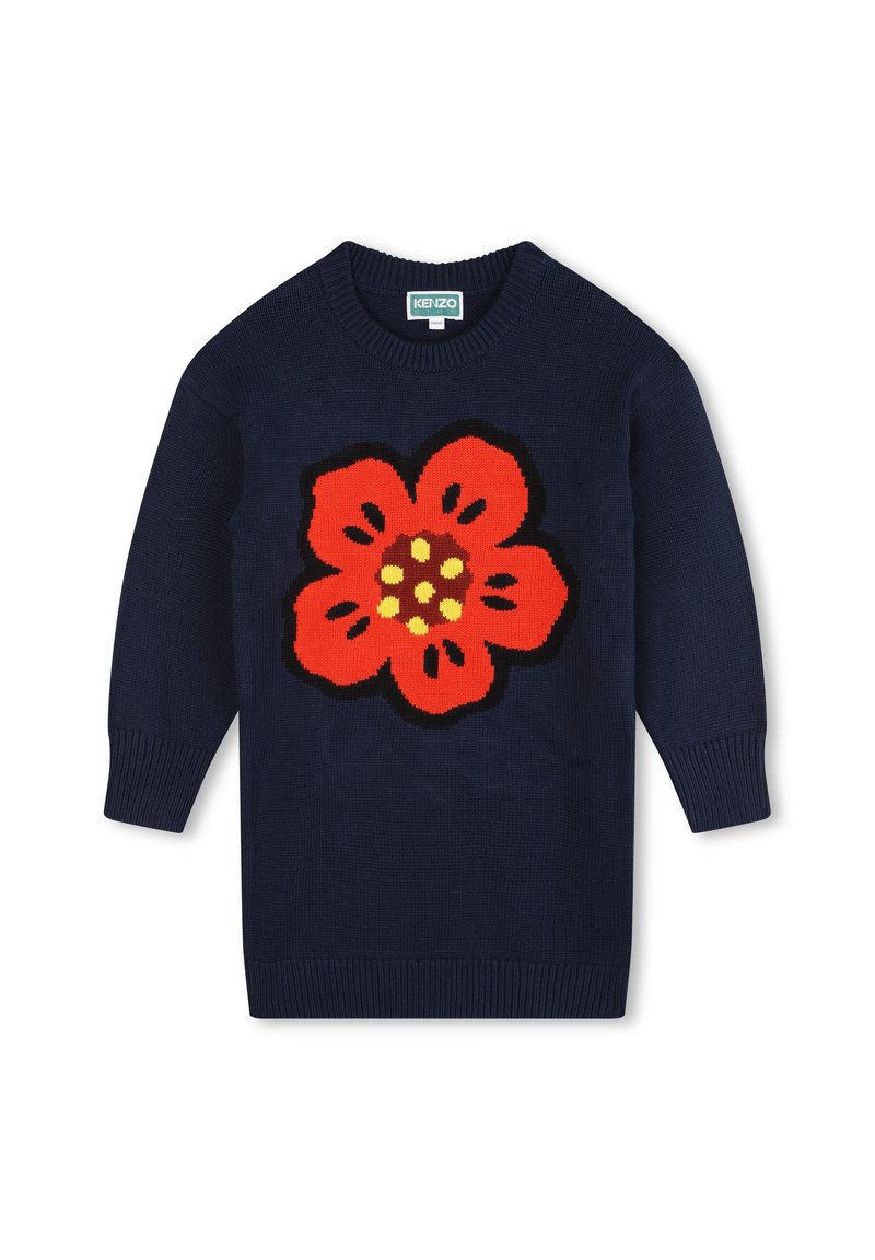 Pull en tricot marine avec un grand motif de fleur rouge, doté d'accents jaunes et de contours noirs. Col rond et manches longues.