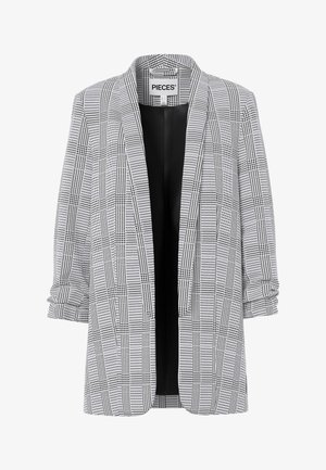 Juodas ir baltas languotas švarkas su laisvo silueto kirpimu, atviru priekiu ir užriestomis rankovėmis. Pagamintas iš tekstūruotos medžiagos. Viduje matoma etiketė „PIECES“.