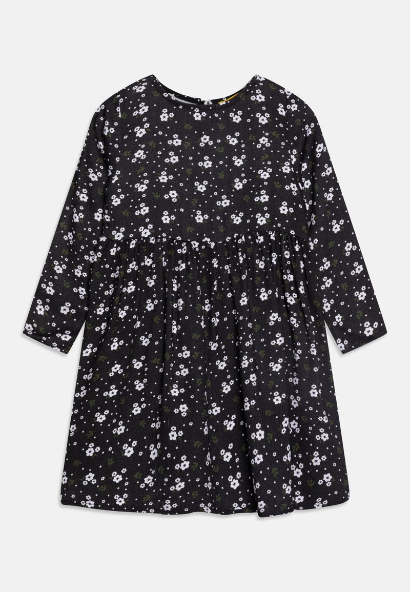 Svart kjole med lange ermer, rund utringning og samlet midje. Har hvite blomstermønstre med grønne detaljer.