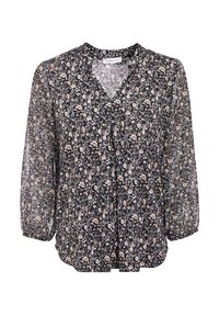 Blouse noire à imprimé floral avec un col en V, des manches longues transparentes et un devant plissé. Présente un petit motif floral dans des tons crème et pêche.