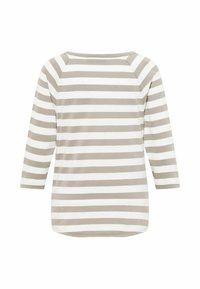 Langarmoberteil mit horizontalen beigen und weißen Streifen, aus weichem Material mit rundem Halsausschnitt und runder Säume.