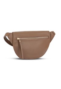 Pouch din piele maro, cu formă rotunjită, închidere cu fermoar în partea de sus și un detaliu cu franjuri la fermoar. Dispune de o curea laterală pentru transport.