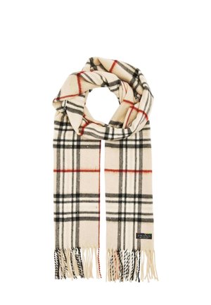 Cream scarf with black and red plaid pattern and fringed ends, folded in a loop with a small fabric brand label.