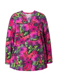 Langærmet top med et livligt blomsterdesign i pink, grøn og sort. V-hals design med blød, let tekstur.