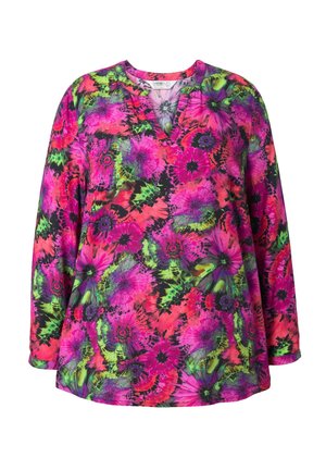 Maglietta a maniche lunghe con un vivace motivo floreale nei toni del rosa, verde e nero. Design a V con una consistenza di tessuto morbido e leggero.