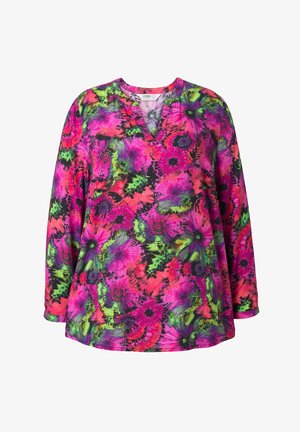 Langärmliges Oberteil mit einem lebhaften Blumendesign in Pink, Grün und Schwarz. V-Ausschnitt-Design mit weichem, leichtem Stoff.