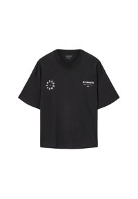 Must mustama puuvillane T-särk, ülekaaluline lõige, ümar kaelus, millel on valged logo graafikud vasakul rinnaosel ja ümmargune disain külje peal.