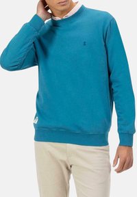 Sudadera de cuello redondo en color turquesa, hecha de algodón, con puños y dobladillo de canalé. Presenta un pequeño logotipo en el pecho. Textura lisa.