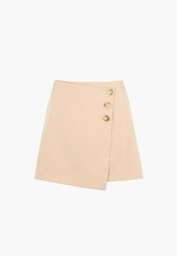 Jupe mini enveloppante beige en tissu texturé, dotée de trois boutons décoratifs à l'avant pour la fermeture et d'un ourlet droit.