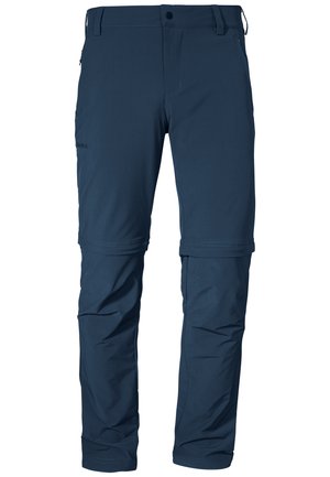 Marineblaue abnehmbare Outdoor-Hosen aus strapazierfähigem Material, ausgestattet mit zwei Seitentaschen und verstärkten Knien für verbesserte Beweglichkeit und Wetterbeständigkeit.