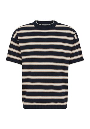 Rövid ujjú tengerészkék kötött felső bézs és fehér vízszintes csíkokkal, bordás környakkal és szegéllyel.