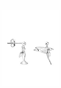 Ohrringe aus Sterlingsilber mit einem Design von einem Kranich und einem hängenden Vogelelement, polierte Oberfläche und Stecker-Verschluss.