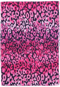 Pink and purple leopard print scarf, featuring abstract shapes on a dark background. Lightweight fabric with a smooth texture. Rectangular shape.