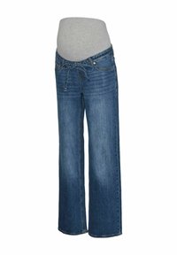 Maternity jeans in light blue denim, featuring a gray jersey belly panel and a relaxed fit with a tie closure at the waist.