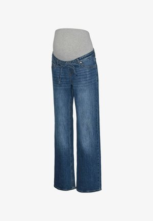 Zwangere jeans in lichtblauwe denim, met een grijze jersey buikpaneel en een comfortabele pasvorm met een striksluiting in de taille.