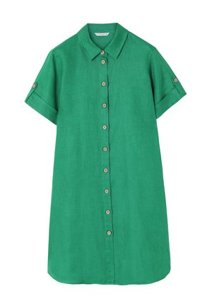 Zelena lanena srajčna obleka s kratkimi rokavi, gumbi spredaj in zaobljenim robom. Ima lesene gumbe in klasičen dizajn ovratnika.
