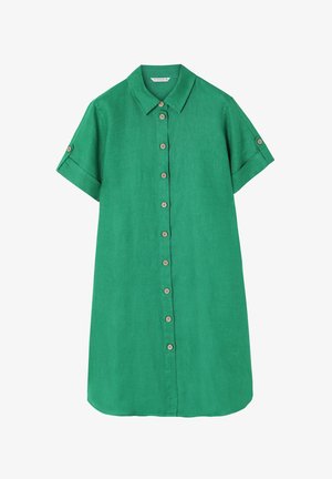 Zelena lanena srajčna obleka s kratkimi rokavi, gumbi spredaj in zaobljenim robom. Ima lesene gumbe in klasičen dizajn ovratnika.