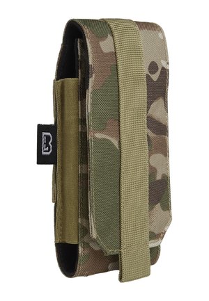 Camouflage utility pouch made of durable fabric, featuring a top flap, webbing straps, and a reinforced base for added stability.