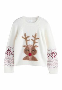 Baltas megztinis su elniuku, turinčiu rudą kailio detalę ir raudoną nosį, papuoštas raštuotomis rankovėmis bordo ir baltos spalvos.