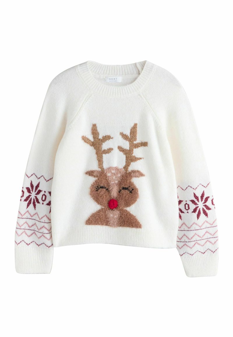 Baltas megztinis su elniuku, turinčiu rudą kailio detalę ir raudoną nosį, papuoštas raštuotomis rankovėmis bordo ir baltos spalvos.