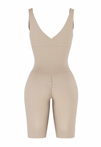 Beige bodycon jumpsuit met een diepe V-hals, mouwloos ontwerp en een lengte tot halverwege de dijen. Kenmerkt zich door naadloze stiksels en een gladde textuur.