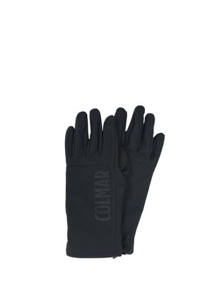 Coppia di guanti in tessuto nero con la parola "COLMAR" stampata verticalmente sul dorso di un guanto.