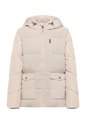 Vaalean beige puffatakki, jossa on teksturoitu etuosa, sileät hihat, huppu, etutaskut ja vetoketjukiinnitys. Pehmeä, lämmin kangas.