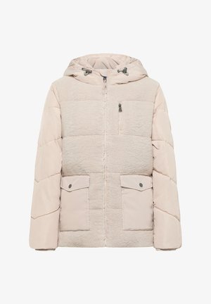 Vaalean beige puffatakki, jossa on teksturoitu etuosa, sileät hihat, huppu, etutaskut ja vetoketjukiinnitys. Pehmeä, lämmin kangas.