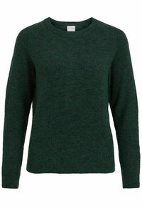 Jersey de punto verde oscuro con cuello redondo, mangas largas y un acabado de textura suave. Diseño sencillo sin patrones ni detalles visibles.