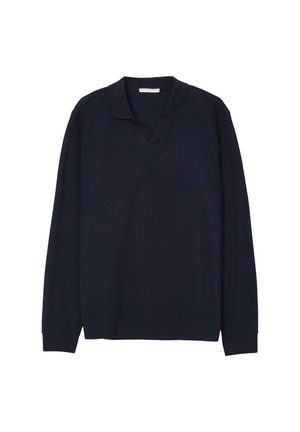 Navy long-sleeve polo with a V-neck, featuring a textured fabric and ribbed cuffs. Simple design without additional patterns or accents.