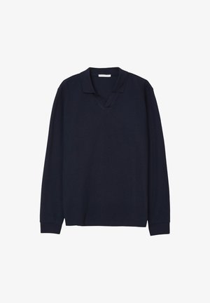 Navy long-sleeve polo with a V-neck, featuring a textured fabric and ribbed cuffs. Simple design without additional patterns or accents.