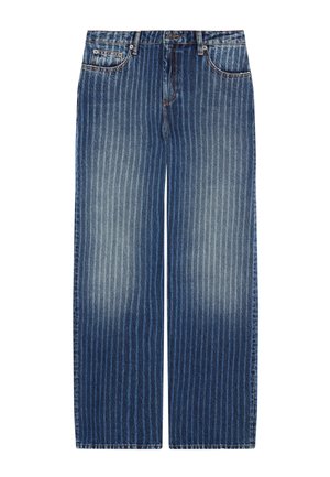 Jeans in denim a gamba larga di colore blu sfumato, con strisce verticali e finitura sbiadita, dotati di tasche standard e chiusura con bottone metallico.