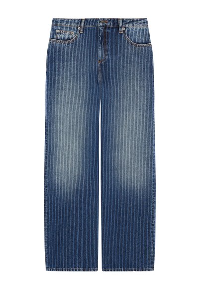 Jeansy typu wide-leg w kolorze niebieskim o gradientowym efekcie, z pionowymi paskami i wybledzonym wykończeniem, z standardowymi kieszeniami i metalowym zapięciem na guzik.