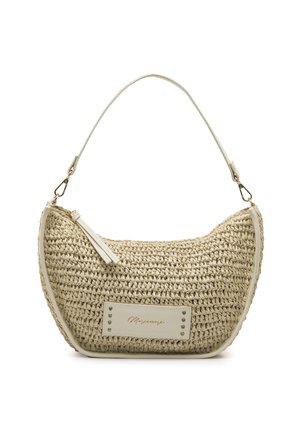 Sac à main en paille tissée beige à forme arrondie. Détails en simili cuir blanc et logo doré sur une pièce rectangulaire. Fermeture zippée sur le dessus.