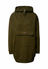 Oliwkowa bluza z kapturem z pół-zamkiem, kieszenią z przodu i wyszywanym logo "TOMMY JEANS". Miękka tkanina, luźny krój i długie rękawy.
