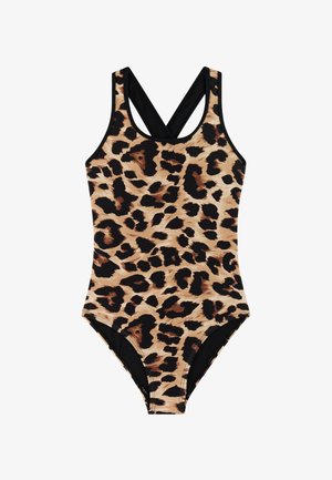 Eendelig badpak met bruin-zwart luipaardprint en zwarte gekruiste bandjes op een witte achtergrond.