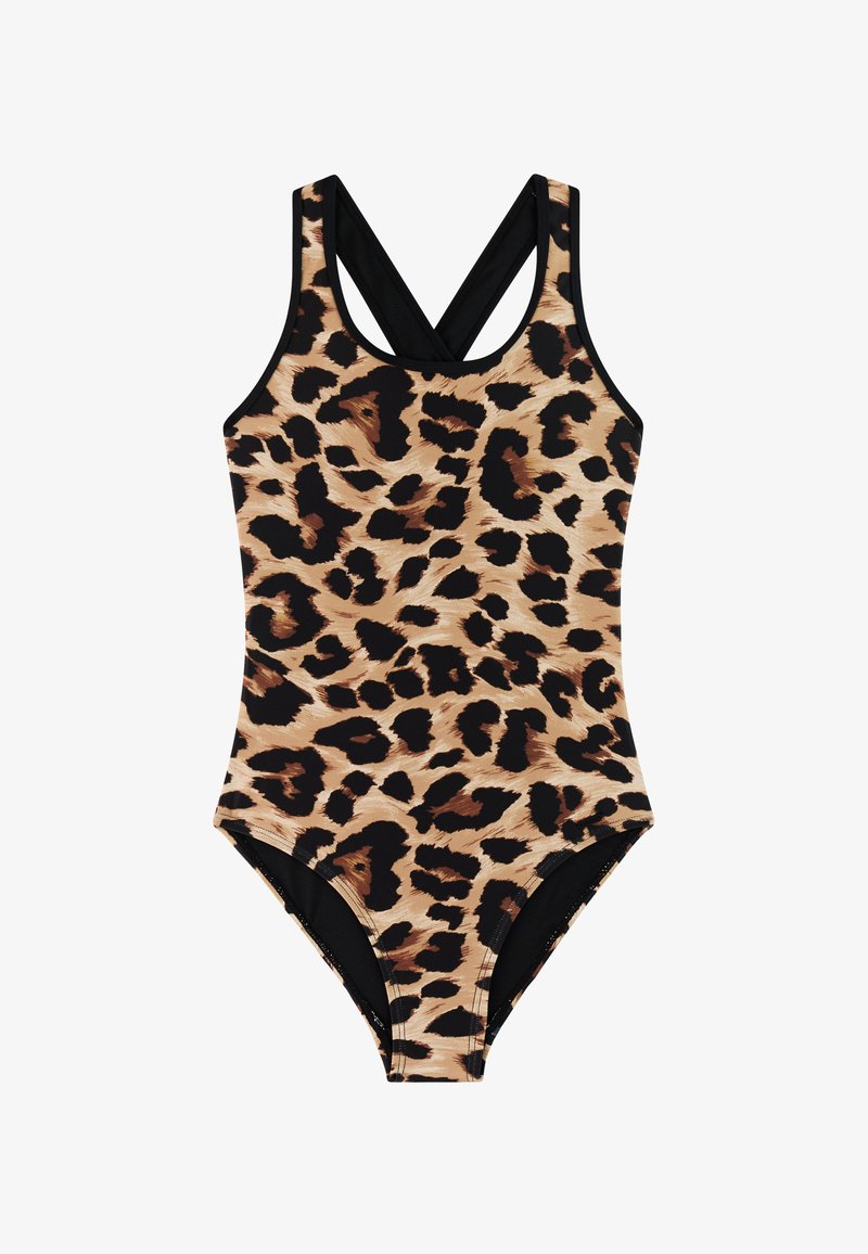 Maillot de bain une pièce avec imprimé léopard marron et noir et bretelles croisées noires sur fond blanc.