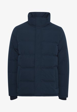 Marineblå dunjakke med høj krave, glat overflade, lynlås og to sidelommer. Har et quiltet design til isolering.