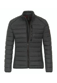 Väljä takki tummanharmaana, jossa on vetoketjulla suljettava etuosa, seisova kaulus ja vaakasuora tikkikuviointi. Mukana vetoketjullinen rintatasku ja logopatch.