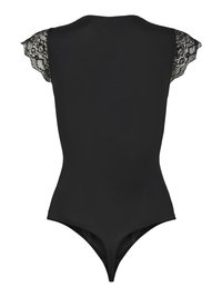 Body noir ajusté avec manches courtes en dentelle transparente et bas style string, présenté de dos sur fond blanc.