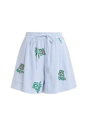 Pantaloncini a righe verticali azzurro chiaro e bianche con vita elasticizzata, coulisse e ricami floreali verdi.